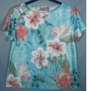 Chico's Women Size 2 Turquoise Floral Paisley Short Sleeve Boat Neck Knit‎ Top